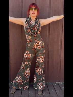 Floral Cowl-Neck Olive Wide-Leg Jumpsuit